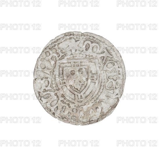 Teutonic szelag, Marcin Truchsess von Wetzhausen (Grand Master; 1477–1489), Wesner, Hans (fl. 1480–?), publisher (from 1480). Obverse: monastic shield of the Grand Master; on the rim between the pearl borders the inscription. Reverse: Teutonic shield (iconographic); in the rim between the pearl borders the inscription 1477–1489. Teutonic Knights (order), State of the Teutonic Order (1226–1525), Königsberg. Coin, diameter 19.8 mm, weight 1.61 g, axis 320°.