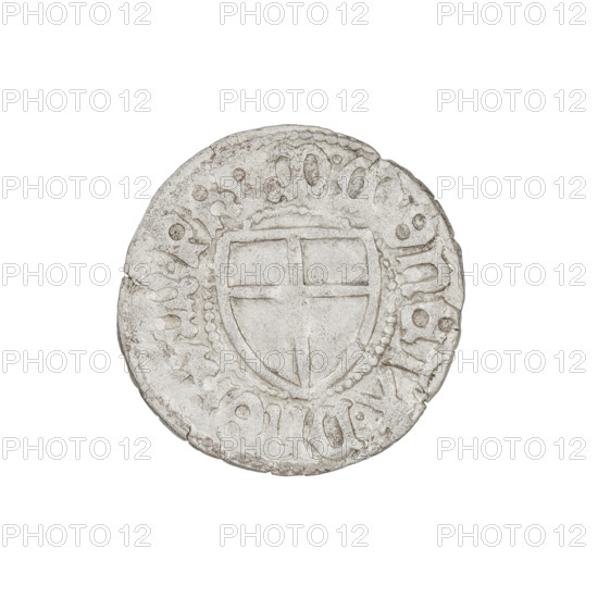 Teutonic szelag, Marcin Truchsess von Wetzhausen (Grand Master; 1477–1489); publisher: Hans Wesner (fl. 1480–?; from 1480). Obverse: monastic shield of the Grand Master; on the rim between the pearl borders: inscription. Reverse: Teutonic shield (iconographic); in the rim between the pearl borders: inscription '1477–1489'. Teutonic Knights (order), State of the Teutonic Order (1226–1525), Königsberg. Coin; diameter 19.8 mm; weight 1.61 g; axis 320°.