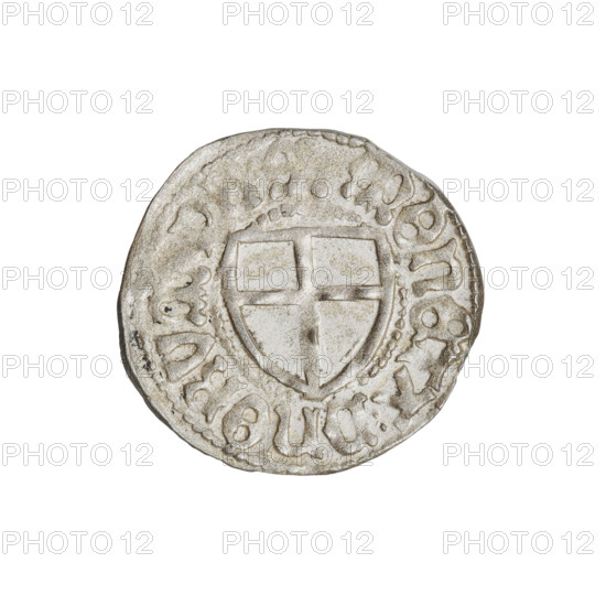 Teutonic szelag, Marcin Truchsess von Wetzhausen (Grand Master; 1477–1489), Wesner, Hans (fl. 1480–?), publisher (from 1480). Teutonic shield (iconographic), monastic shield of the Grand Master (iconographic). Obverse: monastic shield of the Grand Master; on the rim, between the pearl borders, the inscription. Reverse: monastic shield; in the rim between the pearl borders an inscription, 1477–1489. State of the Teutonic Order (1226–1525), Königsberg; coin; diameter 20.4 mm; weight 1.32 g; axis 250°.
