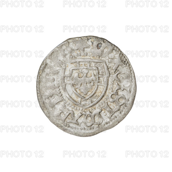 Teutonic szelag, Marcin Truchsess von Wetzhausen (Grand Master; 1477–1489), Wesner, Hans (fl. 1480–?), publisher (from 1480). Monastic shield of the Grand Master (iconographic); Teutonic shield (iconographic); Teutonic Knights (order). Obverse: monastic shield of the Grand Master; on the rim between the pearl borders the inscription. Reverse: monastic shield; in the rim between the pearl borders an inscription, 1477–1489. State of the Teutonic Order (1226–1525), Königsberg. Coin; diameter 19.8 mm; weight 1.31 g; axis 180°.