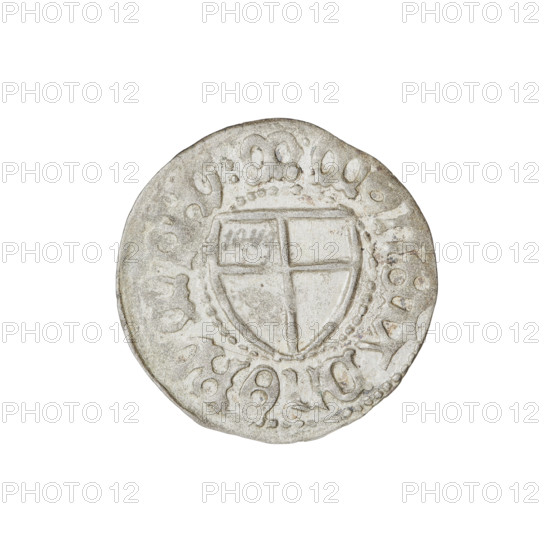 Teutonic szelag, Marcin Truchsess von Wetzhausen (Grand Master; 1477–1489), publisher Wesner, Hans (fl. 1480–?), monastic shield of the Grand Master (iconographic), Teutonic shield (iconographic), Teutonic Knights (order). Obverse: monastic shield of the Grand Master; on the rim between the pearl borders, the inscription. Reverse: monastic shield; in the rim between the pearl borders an inscription, 1477–1489. State of the Teutonic Order (1226–1525), Königsberg. Coin; diameter 19.8 mm; weight 1.31 g; axis 180°.
