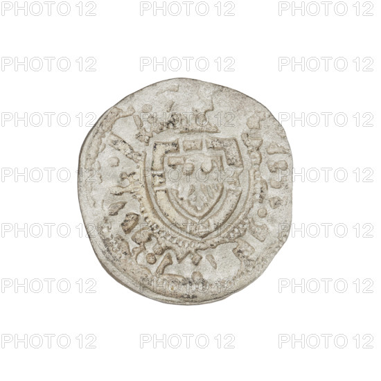 Teutonic szelag, Marcin Truchsess von Wetzhausen (Grand Master; 1477–1489), Wesner, Hans (fl. 1480–?), publisher (from 1480); Teutonic shield (iconographic), monastic shield of the Grand Master (iconographic); Teutonic Knights (order). Obv.: monastic shield of the Grand Master; on the rim, between the pearl borders, the inscription. Rev.: monastic shield; in the rim between the pearl borders there is an inscription, 1477–1489. State of the Teutonic Order (1226–1525), Königsberg. Coin; diameter 20 mm; weight 1.31 g; axis 140°.