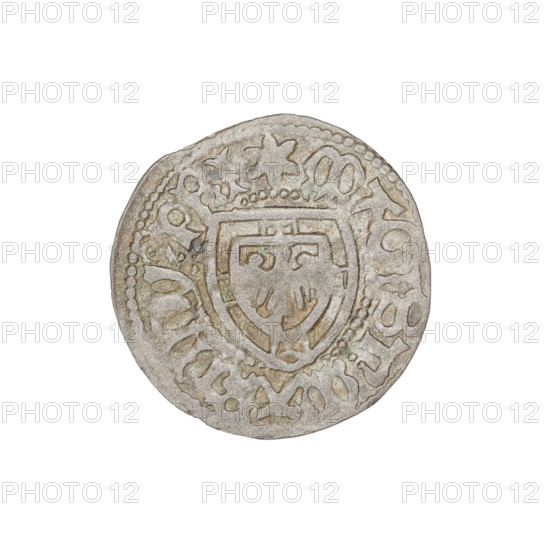 Teutonic szelag, Marcin Truchsess von Wetzhausen (Grand Master; 1477–1489), Wesner, Hans (fl. 1480–?), publisher (from 1480), Teutonic shield (iconographic), monastic shield of the Grand Master (iconographic), Teutonic Knights (order). Obv.: Monastic shield of the Grand Master; on the rim between the pearl borders the inscription. Rev.: Monastic shield; in the rim between the pearl borders an inscription, 1477–1489. State of the Teutonic Order (1226–1525), Königsberg; coin; diameter 19.8 mm; weight 1.08 g; axis 280°.