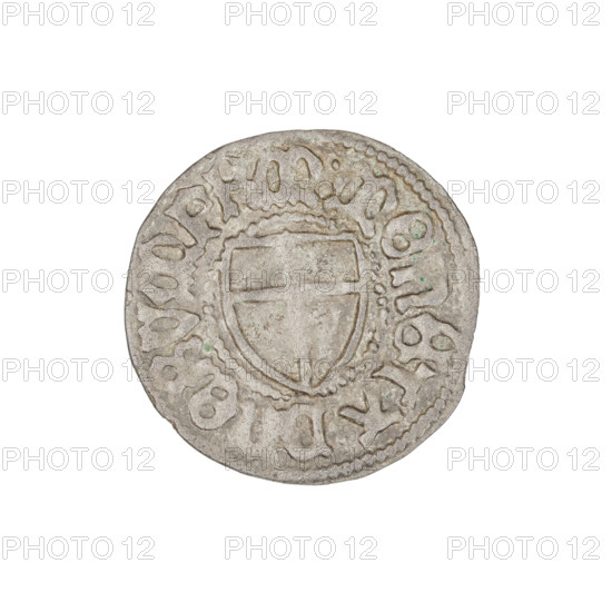Teutonic szelag, Marcin Truchsess von Wetzhausen (Grand Master; 1477–1489), Wesner, Hans (fl. 1480–?), publisher (from 1480). Obverse: monastic shield of the Grand Master; on the rim between the pearl borders, the inscription. Reverse: monastic shield; in the rim between the pearl borders there is an inscription, 1477–1489. Teutonic Knights (order), State of the Teutonic Order (1226–1525), Königsberg. Coin, diameter 19.8 mm, weight 1.08 g, axis 280°.