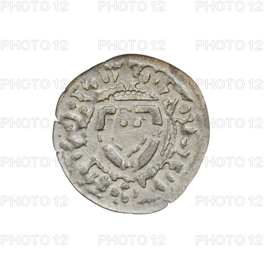 Teutonic szelag, Marcin Truchsess von Wetzhausen (Grand Master; 1477–1489), Wesner, Hans (fl. 1480–?), publisher (from 1480). Teutonic shield (iconographic); Teutonic Knights' monastic shield (iconographic); Teutonic Knights (order). Obverse: monastic shield of the Grand Master; on the rim between the pearl borders an inscription. Reverse: monastic shield; in the rim between the pearl borders an inscription, 1477–1489. State of the Teutonic Order (1226–1525), Königsberg. Coin, diameter 20.1 mm, weight 1.12 g, axis 45°.