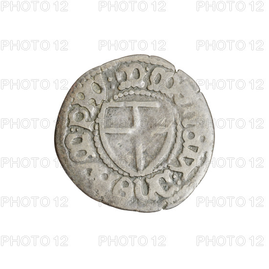 Teutonic szelag, Marcin Truchsess von Wetzhausen (Grand Master; 1477–1489); publisher: Hans Wesner (fl. 1480–?; from 1480). Iconography: Teutonic shield; Teutonic Knights' monastic shield; Teutonic Knights (order). Obverse: Monastic shield of the Grand Master; on the rim between the pearl borders an inscription. Reverse: Monastic shield; in the rim between the pearl borders an inscription '1477–1489'. State of the Teutonic Order (1226–1525), Königsberg. Coin; diameter 20.1 mm; weight 1.12 g; axis 45°.