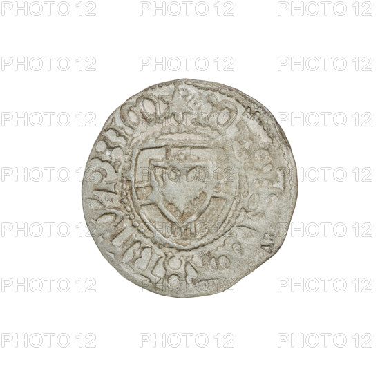 Teutonic szelag, Marcin Truchsess von Wetzhausen (Grand Master; 1477–1489), Wesner, Hans (fl. 1480–?), publisher (from 1480), Teutonic Knights' shield (iconographic), AR mark (twice on the obverse), Teutonic Knights (order), Obv. Teutonic Knights' shield. In the rim, between the pearly borders, the inscription. Rev. Teutonic shield. In the rim, between the pearly borders, the inscription, 1477–1489. State of the Teutonic Order (1226–1525), Königsberg, coin, diameter 19.3–19.5 mm, weight 1.35 g, axis 45 degrees