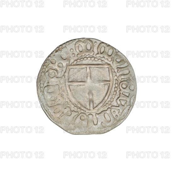 Teutonic szelag, Marcin Truchsess von Wetzhausen (Grand Master; 1477–1489), Wesner, Hans (fl. 1480–?), publisher (from 1480), Teutonic Knights' shield (iconographic), AR mark (twice on the obverse), Teutonic Knights (order), Obv. Teutonic Knights' shield. In the rim, between the pearly borders, the inscription. Rev. Teutonic shield. In the rim, between the pearly borders, the inscription, 1477–1489. State of the Teutonic Order (1226–1525), Königsberg, coin; diameter 19.3–19.5 mm, weight 1.35 g, axis 45 degrees.