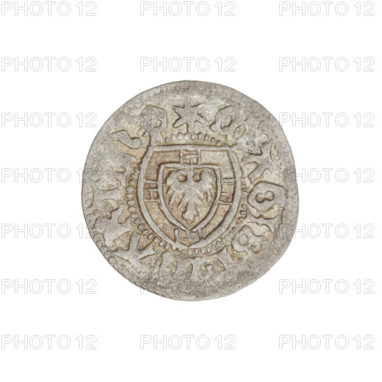 Teutonic szelag, Marcin Truchsess von Wetzhausen (Grand Master; 1477–1489), Wesner, Hans (fl. 1480–?), publisher (from 1480). Monastic shield of the Grand Master (iconographic); Teutonic shield (iconographic); Teutonic Knights (order). Obv.: Monastic shield of the Grand Master. On the rim, between the pearl borders, the inscription. Rev.: Monastic shield. In the rim between the pearl borders there is an inscription, 1477–1489. State of the Teutonic Order (1226–1525), Königsberg. Coin, diameter 19.3 mm, weight 1.53 g, axis 45°.