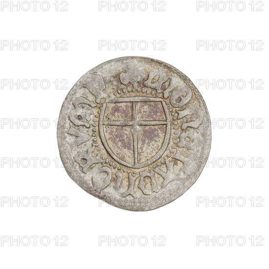 Teutonic szelag, Marcin Truchsess von Wetzhausen (Grand Master; 1477–1489), Wesner, Hans (fl. 1480–?), publisher (from 1480); Teutonic shield (iconographic), monastic shield of the Grand Master (iconographic); Teutonic Knights (order). Obverse: Monastic shield of the Grand Master; on the rim, between the pearl borders, the inscription. Reverse: Monastic shield; in the rim between the pearl borders an inscription, 1477–1489. State of the Teutonic Order (1226–1525), Königsberg. Coin; diameter 19.3 mm, weight 1.53 g, axis 45 degrees.