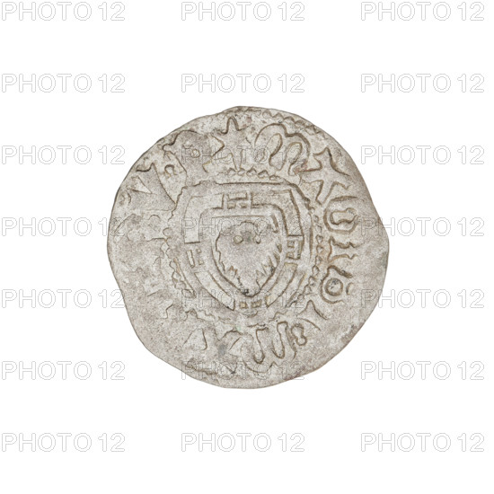 Teutonic szelag, Marcin Truchsess von Wetzhausen (Grand Master; 1477–1489), Wesner, Hans (fl. 1480–?), publisher (from 1480); obverse: monastic shield of the Grand Master (iconographic) with inscription on the rim between the pearl borders; reverse: Teutonic shield (iconographic) with inscription on the rim between the pearl borders, 1477–1489; Teutonic Knights (order); State of the Teutonic Order (1226–1525), Königsberg; coin; diameter 19.1 mm; weight 1.21 g; axis 0°.