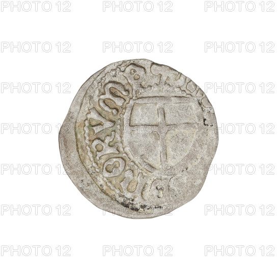 Teutonic szelag, Marcin Truchsess von Wetzhausen (Grand Master; 1477–1489), Wesner, Hans (fl. 1480–?), publisher (from 1480). Obverse: monastic shield of the Grand Master (iconographic); reverse: Teutonic shield (iconographic). Inscription on rim between pearl borders. Date on rim: 1477–1489. State of the Teutonic Order (1226–1525), Königsberg. Coin; diameter 19.1 mm, weight 1.21 g, axis 0°.
