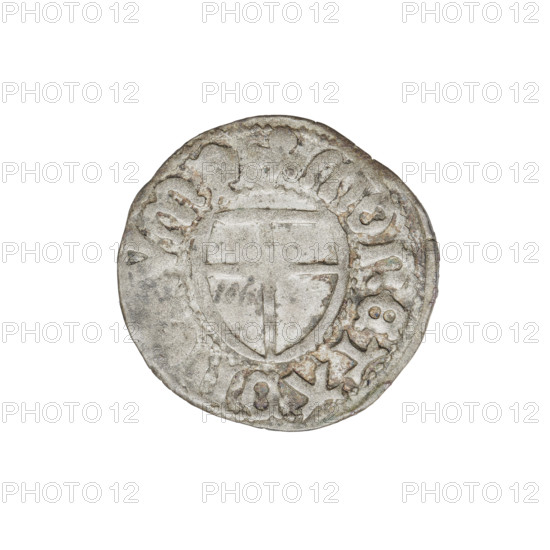 Teutonic szelag, Marcin Truchsess von Wetzhausen (Grand Master; 1477–1489), Wesner, Hans (fl. 1480–?), publisher (from 1480). Iconography: Teutonic shield; Teutonic Knights' monastic shield; Teutonic Knights (order). Obverse: Monastic shield of the Grand Master; on the rim between the pearl borders an inscription. Reverse: Monastic shield; in the rim between the pearl borders an inscription, 1477–1489. State of the Teutonic Order (1226–1525), Königsberg. Coin, diameter 19.7 mm, weight 1.63 g, axis 45°.