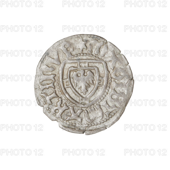Teutonic szelag, Marcin Truchsess von Wetzhausen (Grand Master; 1477–1489), Wesner, Hans (fl. 1480–?), publisher (from 1480). Teutonic shield (iconographic), monastic shield of the Grand Master (iconographic). Obv. Monastic shield of the Grand Master; on the rim between the pearl borders the inscription. Rev. Monastic shield; in the rim between the pearl borders an inscription, 1477–1489. State of the Teutonic Order (1226–1525), Königsberg. Coin; diameter 19.9 mm, weight 1.27 g, axis 190°.