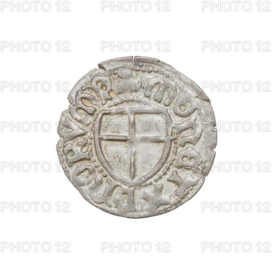 Teutonic szelag, Marcin Truchsess von Wetzhausen (Grand Master; 1477–1489), Wesner, Hans (fl. 1480–?), publisher (from 1480); Teutonic shield (iconographic), monastic shield of the Grand Master (iconographic); Teutonic Knights (order). Obverse: Monastic shield of the Grand Master; on the rim between the pearl borders the inscription. Reverse: Monastic shield; in the rim between the pearl borders an inscription, 1477–1489. State of the Teutonic Order (1226–1525), Königsberg; coin, diameter 19.9 mm, weight 1.27 g, axis 190°.