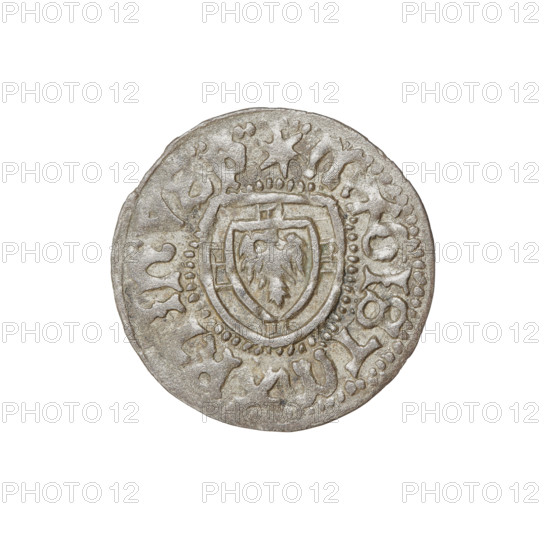 Teutonic szelag, Marcin Truchsess von Wetzhausen (Grand Master; 1477–1489), Wesner, Hans (fl. 1480–?), publisher (from 1480); iconography: monastic shield of the Grand Master, Teutonic shield; Teutonic Knights (order). Obverse: monastic shield of the Grand Master; on the rim between the pearl borders, the inscription. Reverse: monastic shield; in the rim between the pearl borders there is an inscription, 1477–1489. State of the Teutonic Order (1226–1525), Königsberg. Coin; diameter 19.8 mm; weight 1.13 g; axis 180°.