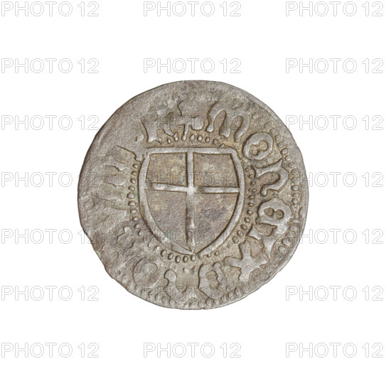 Teutonic szelag, Marcin Truchsess von Wetzhausen (Grand Master; 1477–1489), Wesner, Hans (fl. 1480–?), publisher (from 1480). Obverse: monastic shield of the Grand Master (iconographic). Reverse: Teutonic shield (iconographic). Inscription on rim between pearl borders. Date on rim: 1477–1489. State of the Teutonic Order (1226–1525). Königsberg. Coin; diameter 19.8 mm; weight 1.13 g; axis 180°.