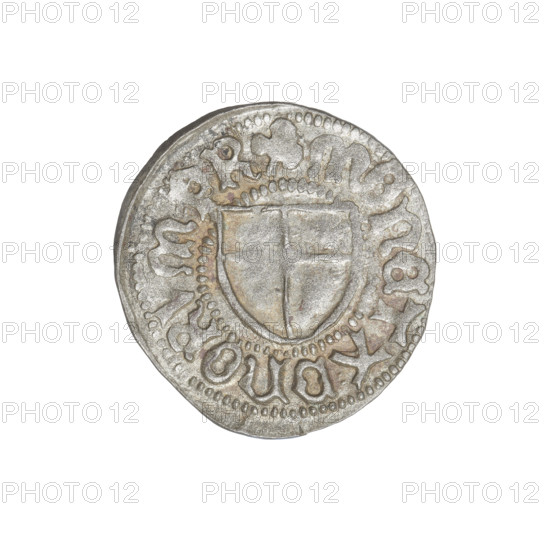Teutonic szelag; Marcin Truchsess von Wetzhausen (Grand Master; 1477–1489); Wesner, Hans (fl. 1480–?), publisher (from 1480). Iconography: Teutonic shield; monastic shield of the Grand Master. Obverse: monastic shield of the Grand Master; on the rim between the pearl borders the inscription. Reverse: monastic shield; in the rim between the pearl borders an inscription, 1477–1489. State of the Teutonic Order (1226–1525), Königsberg. Coin; diameter 20.5 mm; weight 1.60 g; axis 90 degrees.