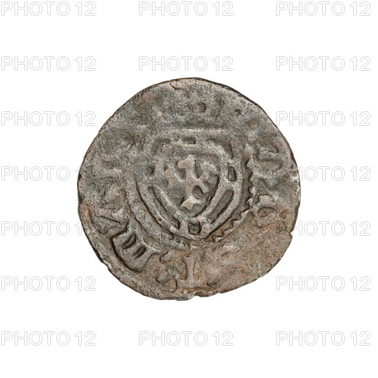 Teutonic szelag, forgery from the period, Marcin Truchsess von Wetzhausen (Grand Master; 1477–1489) (for the original); Teutonic shield (iconographic), monastic shield of the Grand Master (iconographic); forgeries from the period; Teutonic Knights (order). Obv.: Monastic shield of the Grand Master. In the rim, between the pearly borders, an inscription. Rev.: Monastic shield. In the rim, between the pearly borders, an inscription. 1477–1489. State of the Teutonic Order (1226–1525). Coin. Diameter 19.6–19.9 mm. Weight 1.48 g. Axis 270°.