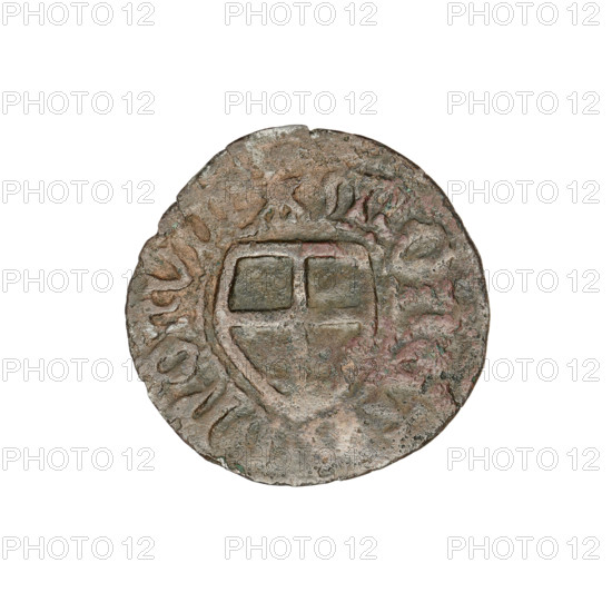 Teutonic szelag, forgery from the period; Marcin Truchsess von Wetzhausen (Grand Master; 1477–1489) (for the original). Iconography: Teutonic shield; monastic shield of the Grand Master. Forgeries from the period; Teutonic Knights (Order). Obverse: monastic shield of the Grand Master; in the rim, between the pearly borders, an inscription. Reverse: monastic shield; in the rim, between the pearly borders, an inscription, 1477–1489. State of the Teutonic Order (1226–1525). Coin; diameter 19.6–19.9 mm; weight 1.48 g; axis 270°.