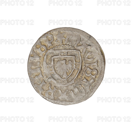 Teutonic szelag; Marcin Truchsess von Wetzhausen (Grand Master, 1477–1489); Wesner, Hans (fl. 1480–?), publisher (from 1480); Teutonic shield (iconographic), monastic shield of the Grand Master (iconographic); Teutonic Knights (order). Obverse: Monastic shield of the Grand Master; on the rim between the pearl borders the inscription. Reverse: Monastic shield; in the rim between the pearl borders the inscription '1477–1489'. State of the Teutonic Order (1226–1525), Königsberg. Coin; diameter 19.6–19.8 mm; weight 1.47 g; axis 90°.