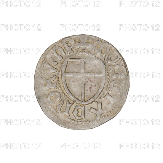 Teutonic szelag, Marcin Truchsess von Wetzhausen (Grand Master; 1477–1489), Wesner, Hans (fl. 1480–?), publisher (from 1480). Obverse: Monastic shield of the Grand Master; on the rim between the pearl borders the inscription. Reverse: Monastic shield; in the rim between the pearl borders the inscription '1477–1489'. Teutonic shield (iconographic); monastic shield of the Grand Master (iconographic). Teutonic Knights (order); State of the Teutonic Order (1226–1525); Königsberg. Coin; diameter 19.6–19.8 mm; weight 1.47 g; axis 90 degrees.