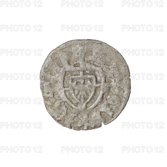 Teutonic szelag, Jan von Tiefen (Grand Master; 1489–1497); Wesner, Hans (fl. 1480–?), publisher (from 1480). Lily-shaped cross (iconographic); Teutonic shield (iconographic); monastic shield of the Grand Master (iconographic); Teutonic Knights (order). Obverse: monastic shield of the Grand Master with a cross whose elongated arms, ending in lilies, divide the rim legend and reach the outer rim. Rim inscription. Reverse: monastic shield. Inscription: 1489–1497. State of the Teutonic Order (1226–1525), Königsberg. Coin; diameter 18.6–18.8 mm; weight 1.11 g; axis 90°.