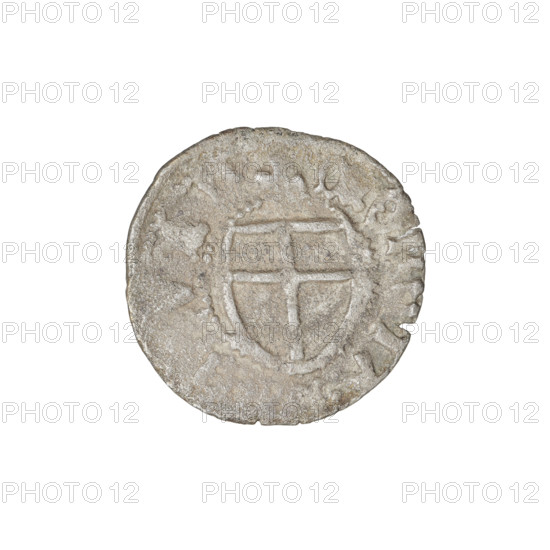 Teutonic szelag, Jan von Tiefen (Grand Master; 1489–1497), Wesner, Hans (fl. 1480–?), publisher (from 1480); lily-shaped cross (iconographic); Teutonic shield (iconographic); monastic shield of the Grand Master (iconographic); Teutonic Knights (order). Obverse: monastic shield of the Grand Master with a cross whose elongated arms, ending in lilies, divide the rim legend and reach the outer rim. Rim inscription. Reverse: monastic shield. Inscription: 1489–1497. State of the Teutonic Order (1226–1525), Königsberg. Coin; diameter 18.6–18.8 mm; weight 1.11 g; axis 90 degrees.