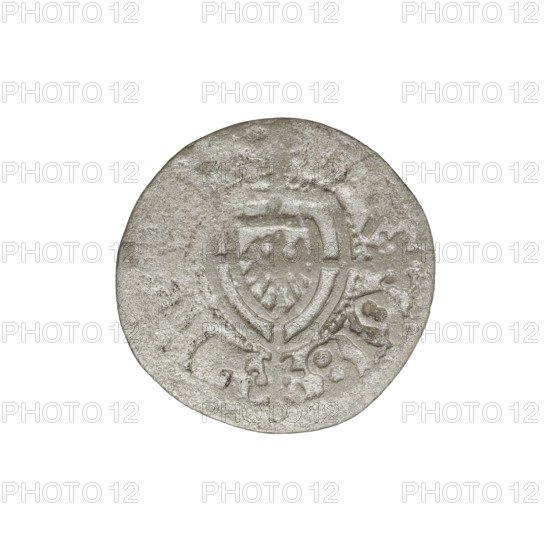 Teutonic szelag, Jan von Tiefen (Grand Master; 1489–1497); publisher: Wesner, Hans (fl. 1480–?; from 1480). Lily-shaped cross (iconographic). Teutonic shield (iconographic). Monastic shield of the Grand Master (iconographic). Order: Teutonic Knights. Obverse: monastic shield of the Grand Master with a cross whose elongated, lily-ended arms divide the rim legend and reach the outer rim. Rim inscription. Reverse: monastic shield. Date on rim: 1489–1497. State of the Teutonic Order (1226–1525), Königsberg. Coin; diameter 19.7 mm; weight 0.89 g; axis 315°.