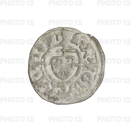 Teutonic szelag, Jan von Tiefen (Grand Master; 1489–1497); publisher: Wesner, Hans (fl. 1480–?); monastic shield of the Grand Master (iconographic); lily-shaped cross (iconographic); Teutonic shield (iconographic); Teutonic Knights (order). Obverse: Monastic shield of the Grand Master with a cross whose elongated arms, terminating in lilies, divide the rim legend and reach the outer rim. On the rim, between the pearly borders, the inscription. Reverse: Monastic shield; on the rim between the pearl borders there is an inscription. Date: 1489–1497. State of the Teutonic Order (1226–1525), Königsberg. Coin: diameter 20.2 mm, weight 1.49 g, axis 315°.