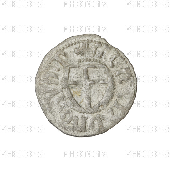 Teutonic szelag, Jan von Tiefen (Grand Master; 1489–1497), publisher Wesner, Hans (fl. 1480–?), monastic shield of the Grand Master (iconographic), lily-shaped cross (iconographic), Teutonic shield (iconographic), Teutonic Knights (order). Obv: Monastic shield of the Grand Master with a cross whose elongated arms, terminating in lilies, divide the rim legend and reach the outer rim. On the rim, between the pearly borders, the inscription. Rev: Monastic shield. Inscription: 1489–1497. State of the Teutonic Order (1226–1525), Königsberg. Coin; diameter 20.2 mm; weight 1.49 g; axis 315°.