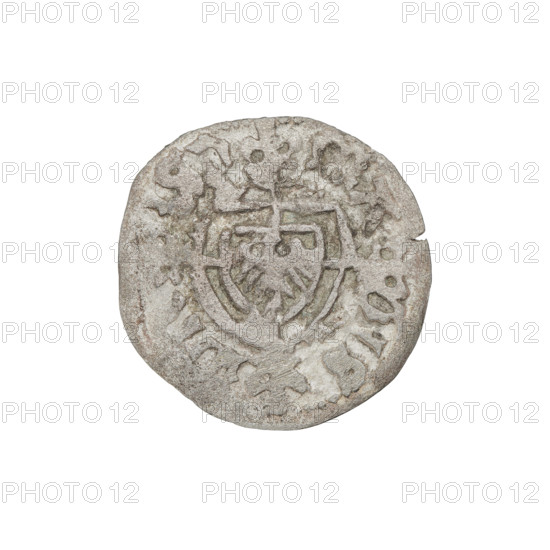 Teutonic szelag, Jan von Tiefen (Grand Master; 1489–1497), Wesner, Hans (fl. 1480–?), publisher (from 1480); lily-shaped cross (iconographic); Teutonic shield (iconographic); monastic shield of the Grand Master (iconographic); Teutonic Knights (order). Obverse: monastic shield of the Grand Master with a cross whose elongated arms, ending in lilies, divide the rim legend and reach the outer rim. Rim inscription. Reverse: monastic shield. Date: 1489–1497. State of the Teutonic Order (1226–1525), Königsberg. Coin; diameter 20 mm; weight 1.25 g; axis 225°.