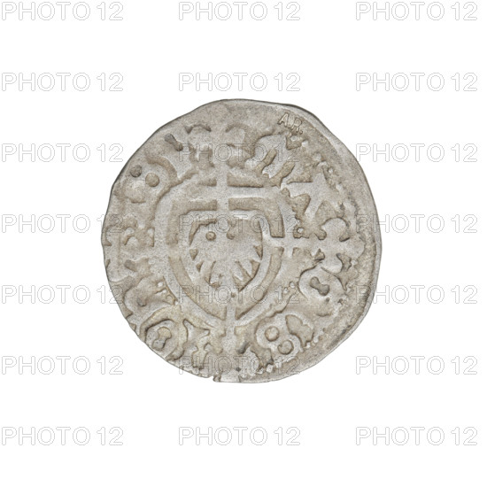 Teutonic szelag, Jan von Tiefen (Grand Master; 1489–1497), Wesner, Hans (fl. 1480–?), publisher (from 1480); lily-shaped cross (iconographic); Teutonic shield of the Grand Master (iconographic); AR punch (on obverse and reverse); Teutonic Knights (order). Obverse: Teutonic shield of the Grand Master with a cross whose elongated arms, terminating in lilies, reach the outer rim, dividing the rim legend; on the rim, between the pearly borders, the inscription. Reverse: Teutonic shield; on the rim, between the pearly borders, the inscription. Date: 1489–1497. State of the Teutonic Order (1226–1525), Königsberg. Coin; diameter 19.6–19.8 mm; weight 1.22 g; axis 315°.