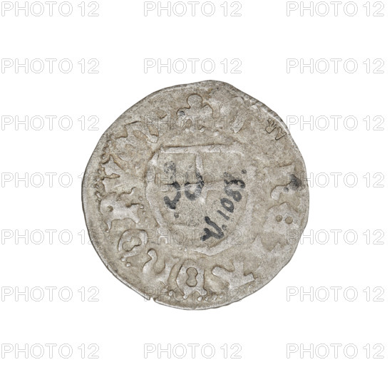 Teutonic szelag, Jan von Tiefen (Grand Master; 1489–1497), Wesner, Hans (fl. 1480–?), publisher (from 1480); lily-shaped cross (iconographic); Teutonic shield of the Grand Master (iconographic); AR punch (on obverse and reverse); Teutonic Knights (order). Obverse: Teutonic shield of the Grand Master with a cross whose elongated arms, terminating in lilies, reach the outer rim, dividing the rim legend; on the rim, between the pearly borders, the inscription. Reverse: Teutonic shield; on the rim, between the pearly borders, the inscription. Date: 1489–1497. State of the Teutonic Order (1226–1525), Königsberg. Coin; diameter 19.6–19.8 mm; weight 1.22 g; axis 315°.