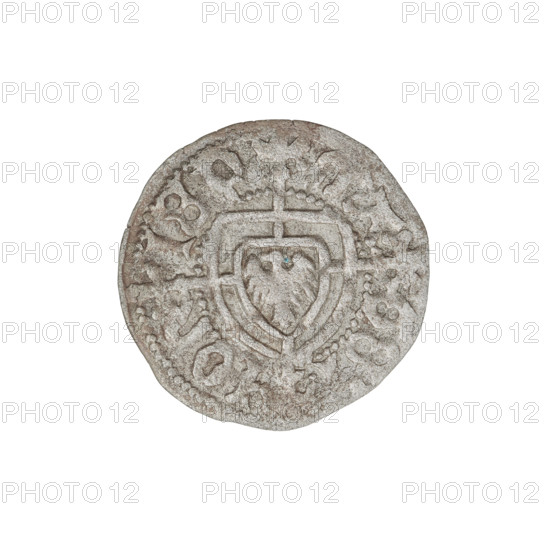 Teutonic szelag, Jan von Tiefen (Grand Master; 1489–1497); publisher: Wesner, Hans (fl. 1480–?; from 1480). Lily-shaped cross (iconographic); monastic shield of the Grand Master (iconographic); Teutonic shield (iconographic); Teutonic Knights (order). Obverse: monastic shield of the Grand Master with a cross whose elongated arms end in lilies and divide the rim legend, reaching the outer rim. Rim inscription on obverse between pearly borders. Reverse: monastic shield. Inscription on rim between pearl borders: 1489–1497. State of the Teutonic Order (1226–1525); Königsberg. Coin; diameter 19.0–19.2 mm; weight 0.88 g; axis 225°.