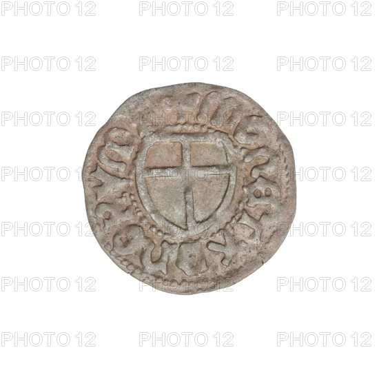 Teutonic szelag, Jan von Tiefen (Grand Master; 1489–1497); publisher: Wesner, Hans (fl. 1480–?). Lily-shaped cross (iconographic); monastic shield of the Grand Master (iconographic); Teutonic shield (iconographic); Teutonic Knights (order). Obverse: monastic shield of the Grand Master with a cross whose elongated arms, ending in lilies, divide the rim legend and reach the outer rim. Rim inscription. Reverse: monastic shield. Inscription: 1489–1497. State of the Teutonic Order (1226–1525), Königsberg. Coin; diameter 19.0–19.2 mm; weight 0.88 g; axis 225°.