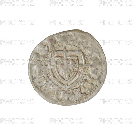 Teutonic szelag, Jan von Tiefen (Grand Master; 1489–1497); publisher: Wesner, Hans (fl. 1480–?; from 1480). Obverse: monastic shield of the Grand Master with a cross whose elongated arms end in lilies and divide the rim legend, reaching the outer rim; rim inscription. Reverse: monastic shield; rim inscription '1489–1497'. Iconography: Teutonic shield, lily-shaped cross, monastic shield of the Grand Master. Teutonic Knights (order). Coin: Königsberg; State of the Teutonic Order (1226–1525). Diameter c. 19.6–19.8 mm; weight 1.21 g; axis 45°.