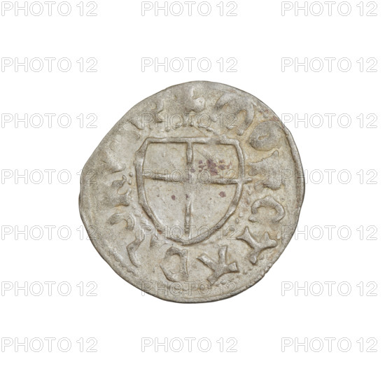 Teutonic szelag, Jan von Tiefen (Grand Master; 1489–1497). Wesner, Hans (fl. 1480–?), publisher (from 1480). Iconography: Teutonic shield; lily-shaped cross; monastic shield of the Grand Master. Subject: Teutonic Knights (order). Obverse: Monastic shield of the Grand Master with a cross whose elongated arms, ending in lilies, divide the rim legend and reach the outer rim. Rim inscription. Date on rim: 1489–1497. State of the Teutonic Order (1226–1525), Königsberg. Coin; diameter 19.6–19.8 mm; weight 1.21 g; axis 45°.