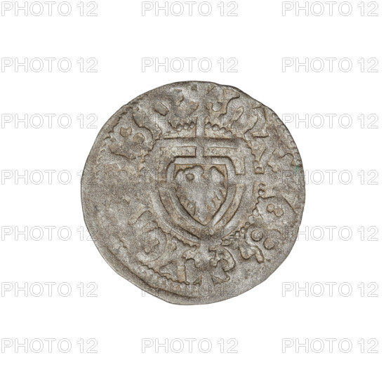 Teutonic szelag, Jan von Tiefen (Grand Master; 1489–1497), Wesner, Hans (fl. 1480–?), publisher (from 1480). Teutonic shield (iconographic), lily-shaped cross (iconographic), monastic shield of the Grand Master (iconographic). Teutonic Knights (order). Obverse: Monastic shield of the Grand Master with a cross whose elongated arms, terminating in lilies, divide the rim legend and reach the outer rim. On the rim, between the pearly borders, the inscription. Reverse: Monastic shield. Inscription on the rim between the pearl borders: 1489–1497, State of the Teutonic Order (1226–1525), Königsberg. Coin; diameter 19.3–19.5 mm; weight 1.12 g; axis 270°.