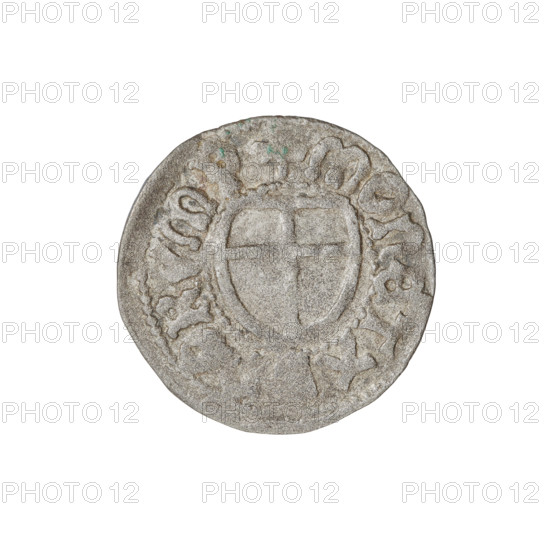 Teutonic szelag, Jan von Tiefen (Grand Master; 1489–1497), Wesner, Hans (fl. 1480–?), publisher (from 1480); Teutonic shield (iconographic), lily-shaped cross (iconographic), monastic shield of the Grand Master (iconographic); Teutonic Knights (order). Obv.: Monastic shield of the Grand Master with a cross whose elongated arms, terminating in lilies, divide the rim legend and reach the outer rim. On the rim, between the pearly borders, the inscription. Rev.: Monastic shield. On the rim between the pearl borders there is an inscription, 1489–1497. State of the Teutonic Order (1226–1525), Königsberg; coin; diameter 19.3–19.5 mm; weight 1.12 g; axis 270°.