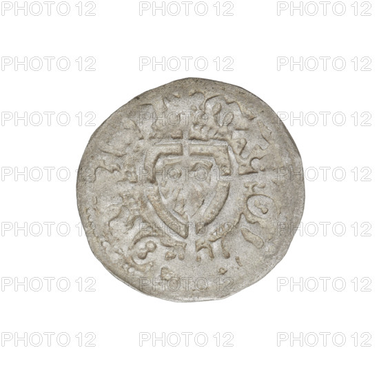 Teutonic szelag, Jan von Tiefen (Grand Master; 1489–1497), Wesner, Hans (fl. 1480–?), publisher (from 1480). Lily-shaped cross (iconographic); Teutonic shield (iconographic); monastic shield of the Grand Master (iconographic). Teutonic Knights (order). Obverse: monastic shield of the Grand Master with a cross whose elongated arms, ending in lilies, divide the rim legend and reach the outer rim. Reverse: monastic shield. Inscription on rim. Date: 1489–1497; State of the Teutonic Order (1226–1525), Königsberg. Coin (szelag); diameter 20.1–20.3 mm; weight 1.33 g; axis 20°.