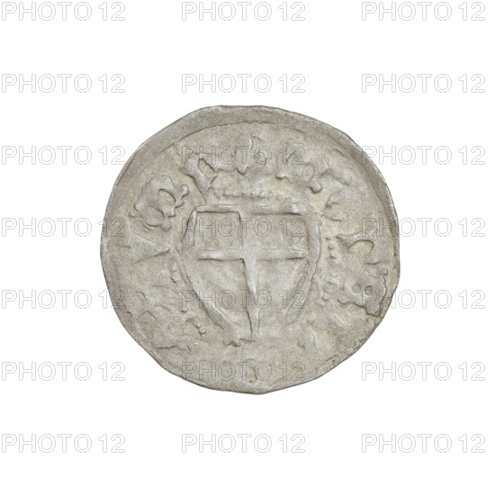 Teutonic szelag, Jan von Tiefen (Grand Master; 1489–1497), Wesner, Hans (fl. 1480–?), publisher (from 1480); lily-shaped cross (iconographic); Teutonic shield (iconographic); monastic shield of the Grand Master (iconographic); Teutonic Knights (order). Obv.: Monastic shield of the Grand Master with a cross whose elongated arms, ending in lilies, divide the rim legend and reach the outer rim. Rev.: Monastic shield. Rim inscription: 1489–1497. State of the Teutonic Order (1226–1525), Königsberg. Coin; diameter 20.1–20.3 mm; weight 1.33 g; axis 20°.