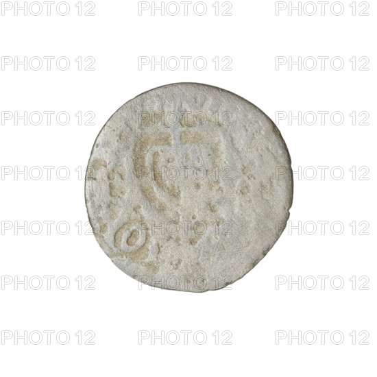 Teutonic szelag forgery from the period, Jan von Tiefen (Grand Master; 1489–1497). Teutonic shield (iconographic), lily-shaped cross (iconographic), monastic shield of the Grand Master (iconographic). Forgeries from the period; Teutonic Knights (order). Obverse: Monastic shield of the Grand Master with a cross whose elongated arms ending in lilies divide the rim legend and reach the outer rim; on the rim, between the pearly borders, the inscription. Reverse: Monastic shield; on the rim, between the pearly borders, the inscription. 1489–1497. State of the Teutonic Order (1226–1525). Coin, diameter 19 mm, weight 1.33 g, axis 110 degrees.