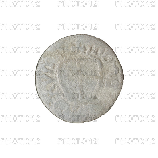 Teutonic szelag forgery from the period, Jan von Tiefen (Grand Master; 1489–1497) (for the original); Teutonic shield (iconographic); lily-shaped cross (iconographic); monastic shield of the Grand Master (iconographic); forgeries from the period; Teutonic Knights (order). Obverse: monastic shield of the Grand Master with a cross whose elongated arms end in lilies, dividing the rim legend; on the rim, between the pearly borders, an inscription. Reverse: monastic shield; on the rim, between the pearly borders, an inscription. Date: 1489–1497. State of the Teutonic Order (1226–1525). Coin: diameter 19 mm, weight 1.33 g, axis 110°.