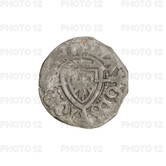 Teutonic szelag, Jan von Tiefen (Grand Master; 1489–1497); publisher: Wesner, Hans (fl. 1480–?; from 1480). Teutonic shield (iconographic); monastic shield of the Grand Master (iconographic); lily-shaped cross (iconographic); Teutonic Knights (order). Obverse: monastic shield of the Grand Master with a cross whose elongated arms, terminating in lilies, divide the rim legend and reach the outer rim. Rim inscription. Reverse: monastic shield. Inscription includes the dates 1489–1497 and reference to the State of the Teutonic Order (1226–1525), Königsberg. Coin; diameter 18.7 mm; weight 1.13 g; axis 225°.