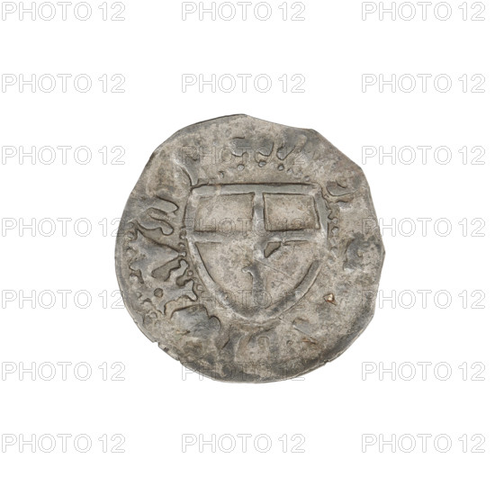Teutonic szelag, Jan von Tiefen (Grand Master; 1489–1497), publisher Wesner, Hans (fl. 1480–?), Teutonic shield (iconographic), monastic shield of the Grand Master (iconographic), lily-shaped cross (iconographic), Teutonic Knights (order). Obverse: monastic shield of the Grand Master with a cross whose elongated arms, terminating in lilies and dividing the rim legend, reach the outer rim. Rim inscription. Reverse: monastic shield. Inscription: 1489–1497. Coin, diameter 18.7 mm, weight 1.13 g, axis 225°.