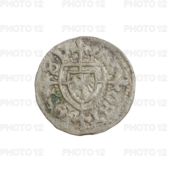 Teutonic szelag, Jan von Tiefen (Grand Master; 1489–1497), Wesner, Hans (fl. 1480–?), publisher (from 1480); lily-shaped cross (iconographic); Teutonic shield (iconographic); monastic shield of the Grand Master (iconographic). Obverse: Monastic shield of the Grand Master (eagle facing right) with a cross whose elongated arms end in lilies and divide the rim legend, reaching the outer rim; in the rim, between pearl borders, an inscription. Reverse: Teutonic Order shield; in the rim, between pearl borders, an inscription: 1489–1497. State of the Teutonic Order (1226–1525), Königsberg. Coin; diameter 20 mm; weight 1.59 g; axis 135°.
