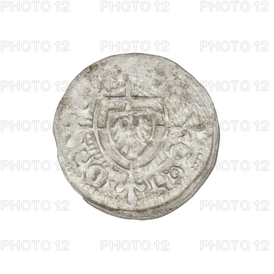 Teutonic szelag, Jan von Tiefen (Grand Master; 1489–1497), Wesner, Hans (fl. 1480–?), publisher (from 1480). Lily-shaped cross (iconographic); Teutonic shield (iconographic); monastic shield of the Grand Master (iconographic). Teutonic Knights (order). Obverse: Monastic shield of the Grand Master (eagle facing right) with a cross, the elongated arms of which, ending in lilies, divide the rim legend and reach the outer rim; in the rim, between the pearl borders, an inscription. Reverse: Teutonic Order shield; in the rim, between the pearl borders, an inscription. 1489–1497. State of the Teutonic Order (1226–1525), Königsberg. Coin; diameter 20.4–20.6 mm; weight 1.21 g; axis 90 degrees.