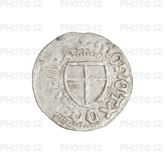 Teutonic szelag, Jan von Tiefen (Grand Master; 1489–1497), Wesner, Hans (fl. 1480–?), publisher (from 1480). Lily-shaped cross (iconographic); Teutonic shield (iconographic); monastic shield of the Grand Master (iconographic). Teutonic Knights (order). Obverse: monastic shield of the Grand Master (eagle facing right) with a cross whose elongated arms end in lilies, dividing the rim legend and reaching the outer rim; inscription in the rim between pearl borders. Reverse: Teutonic Order shield; inscription in the rim between pearl borders. Date: 1489–1497. State of the Teutonic Order (1226–1525), Königsberg. Coin (szelag). Diameter 20.4–20.6 mm; weight 1.21 g; axis 90 degrees.