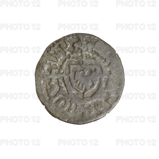 Teutonic szelag, Jan von Tiefen (Grand Master; 1489–1497); publisher: Wesner, Hans (fl. 1480–?), (from 1480). Lily-shaped cross (iconographic); Teutonic shield (iconographic); monastic shield of the Grand Master (iconographic); Teutonic Knights (order). Obverse: monastic shield of the Grand Master (eagle facing right) with a cross whose elongated arms, terminating in lilies, divide the rim legend and reach the outer rim. Rim inscription. Reverse: monastic shield. Date: 1489–1497; State of the Teutonic Order (1226–1525); mint: Königsberg. Coin; diameter 19.3 mm; weight 0.89 g; axis 225°.